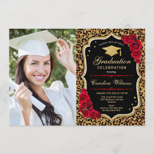 Afstudeerfeest met foto - Red Leopard Print Kaart