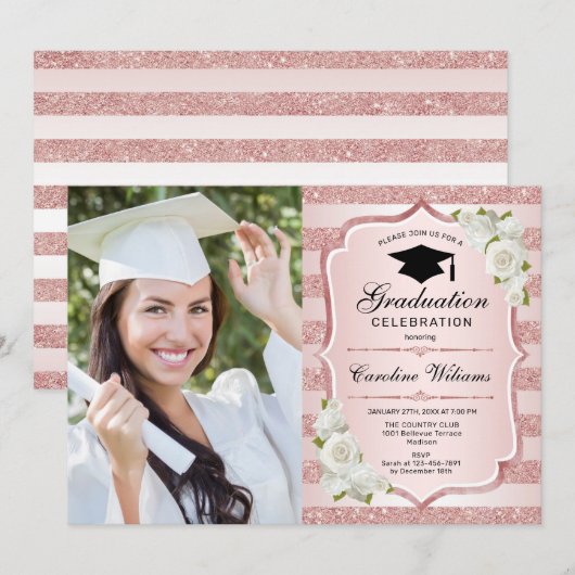 Afstudeerfeest met foto - Roos Gold White Kaart (Voorkant / Achterkant)