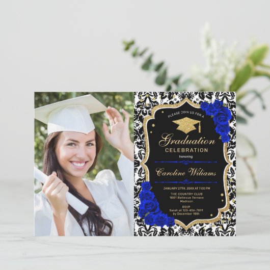 Afstudeerfeest met foto - Royal Blue Gold Kaart (Staand voorkant)