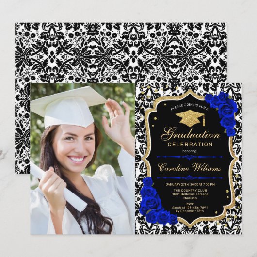 Afstudeerfeest met foto - Royal Blue Gold Kaart (Voorkant / Achterkant)
