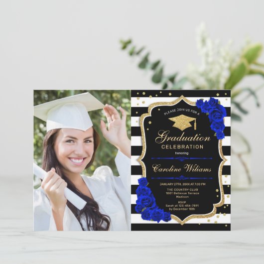 Afstudeerfeest met foto - Royal Blue Gold Kaart (Staand voorkant)