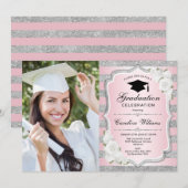 Afstudeerfeest met foto - roze zilver kaart (Voorkant / Achterkant)
