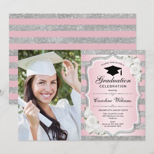 Afstudeerfeest met foto - roze zilver kaart (Voorkant / Achterkant)