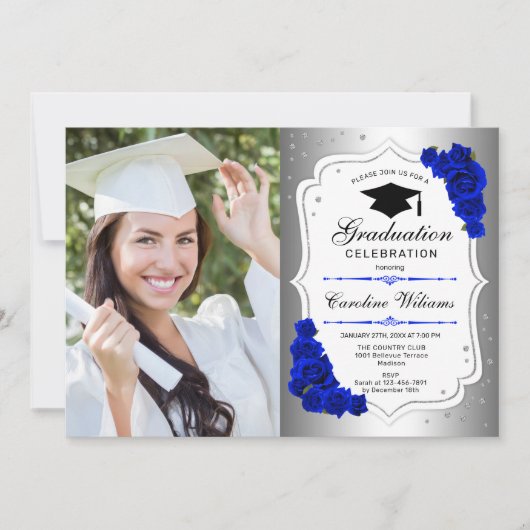 Afstudeerfeest met foto - Silver Royal Blue Kaart (Voorkant)