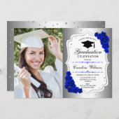 Afstudeerfeest met foto - Silver Royal Blue Kaart (Voorkant / Achterkant)