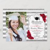 Afstudeerfeest met foto - zilverwit rood kaart (Voorkant / Achterkant)
