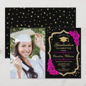 Afstudeerfeest met foto - Zwart Goud Hot Pink Kaart (Voorkant / Achterkant)