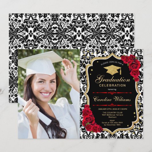 Afstudeerfeest met foto - zwart rood goud kaart (Voorkant / Achterkant)