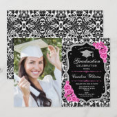 Afstudeerfeest met foto - zwart roze zilver kaart (Voorkant / Achterkant)