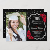 Afstudeerfeest met foto - Zwart Zilver Rood Kaart (Voorkant / Achterkant)
