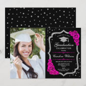 Afstudeerfeest met foto - zwart zilver roze kaart (Voorkant / Achterkant)