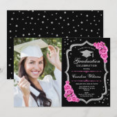 Afstudeerfeest met foto - zwart zilver roze kaart (Voorkant / Achterkant)