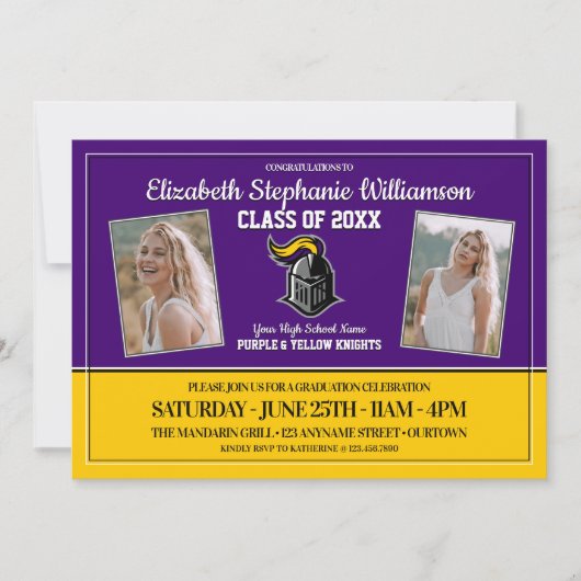 Afstudeerfeest met paarse en gele schoolkleuren kaart (Voorkant)