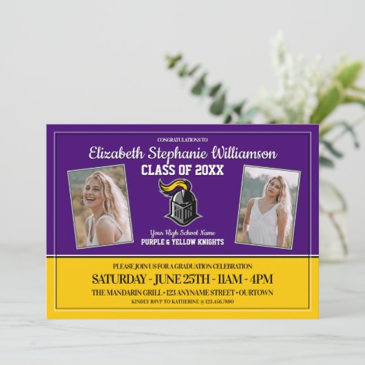 Afstudeerfeest met paarse en gele schoolkleuren kaart (Staand voorkant)