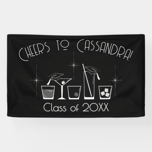 Afstudeerfeest met pet en cocktail zwart spandoek (Horizontaal)