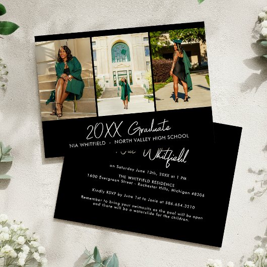 Afstudeerfeest met zwarte minimalistische fotocoll kaart