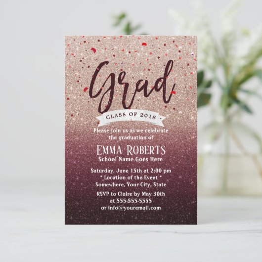 Afstudeerfeest Modern Bourgondisch Roos Gold Glitt Kaart (Staand voorkant)