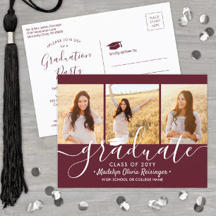 Afstudeerfeest Modern Maroon en Wit 3 Foto Uitnodiging Briefkaart