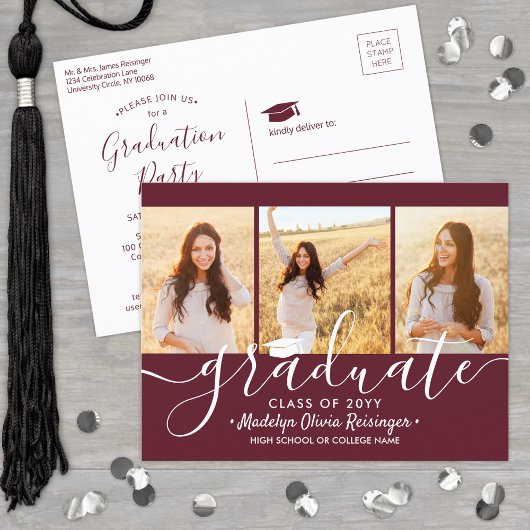 Afstudeerfeest Modern Maroon en Wit 3 Foto Uitnodiging Briefkaart