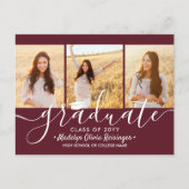 Afstudeerfeest Modern Maroon en Wit 3 Foto Uitnodiging Briefkaart (Voorkant)