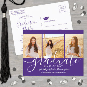 Afstudeerfeest Modern Paarse en Wit 3 Foto Uitnodiging Briefkaart