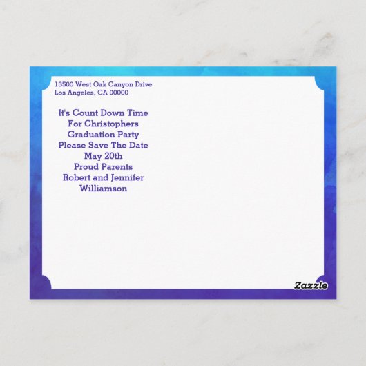 Afstudeerfeest Modern Save the Date Blauw Briefkaart (Achterkant)