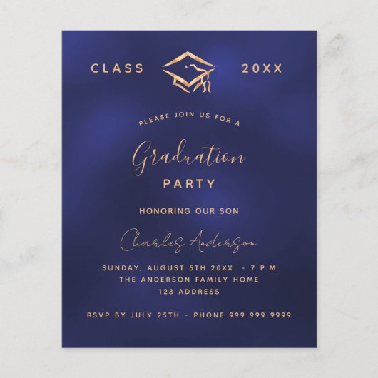 Afstudeerfeest navy blauw goud uitnodiging (Voorkant)
