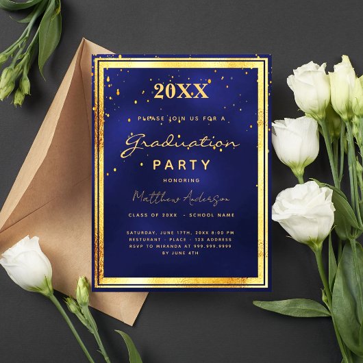 Afstudeerfeest navy blauw goud uitnodiging