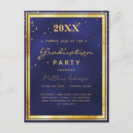Afstudeerfeest navy blauw goud uitnodiging (Voorkant)