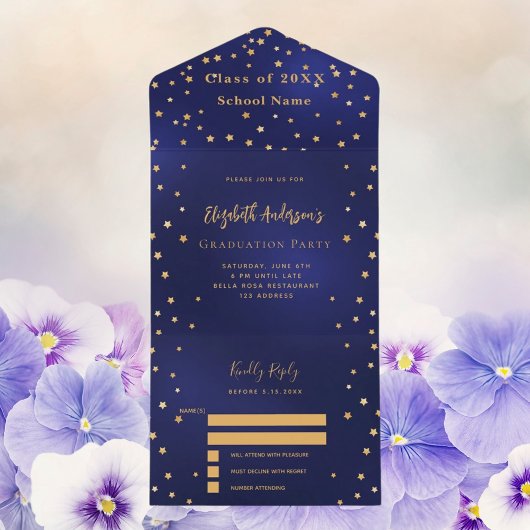 Afstudeerfeest navy blauw gouden sterren RSVP All In One Uitnodiging