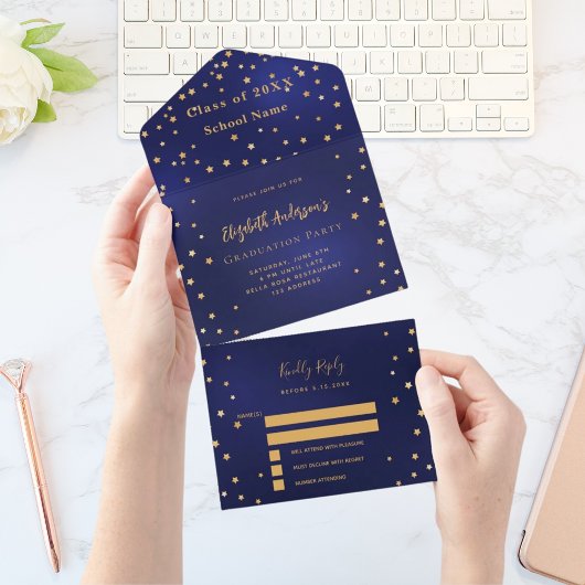 Afstudeerfeest navy blauw gouden sterren RSVP All In One Uitnodiging