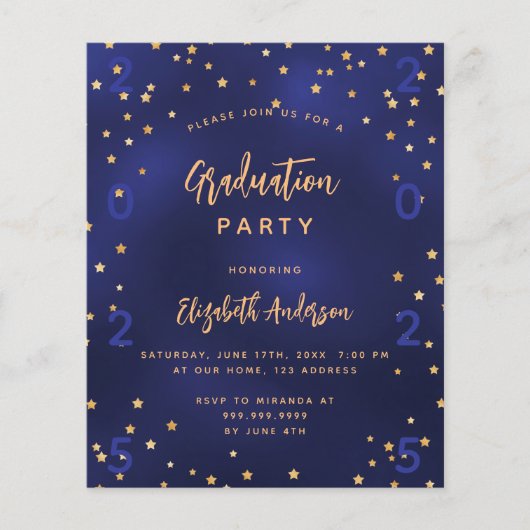 Afstudeerfeest navy blauwe sterren budget uitnodig (Voorkant)