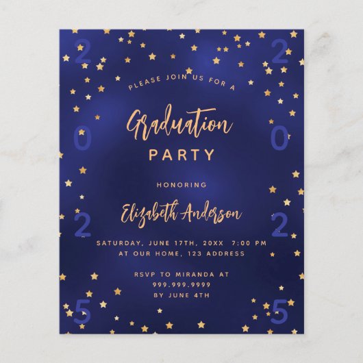 Afstudeerfeest navy blauwe sterren budget uitnodig flyer (Voorkant)