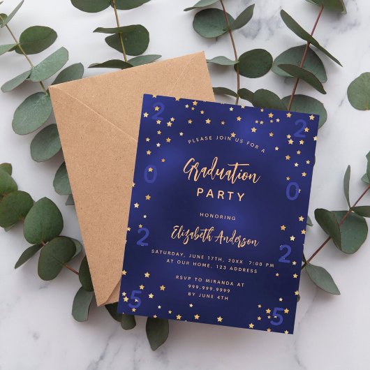 Afstudeerfeest navy blauwe sterren budget uitnodig flyer