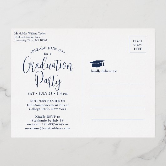 Afstudeerfeest Navy Blue 3 Photo Modern Script Folie Uitnodiging Briefkaart (Achterkant)