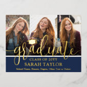 Afstudeerfeest Navy Blue 3 Photo Modern Script Folie Uitnodiging Briefkaart (Voorkant)