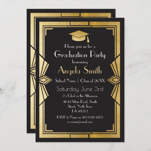 Afstudeerfeest Nodig Art Deco Gatsby Gold 1920's u Kaart (Voorkant / Achterkant)