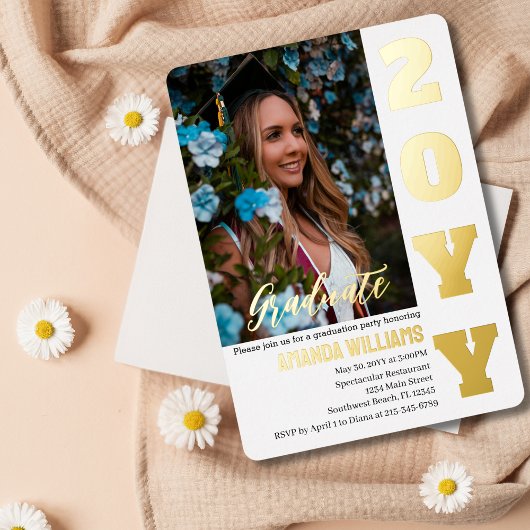 Afstudeerfeest Nodig Elegant Goud Custom Photo uit Folie Uitnodiging