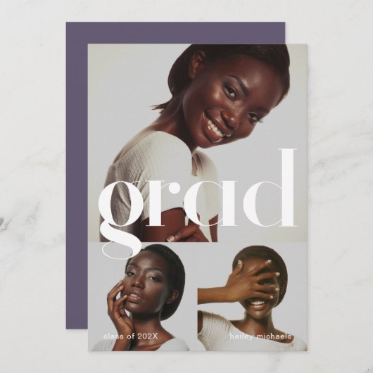 Afstudeerfeest Paarse Drie Fotocollage Kaart (Voorkant / Achterkant)