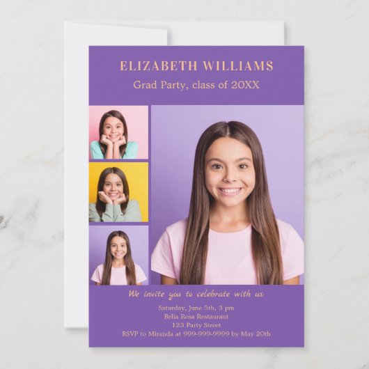 Afstudeerfeest paarse fotocollage kaart (Voorkant)