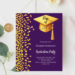 Afstudeerfeest paarse gouden confetti uitnodiging
