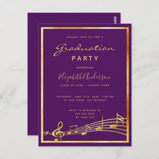 Afstudeerfeest paarse muziek goud 2025 uitnodiging (Voorkant / Achterkant)