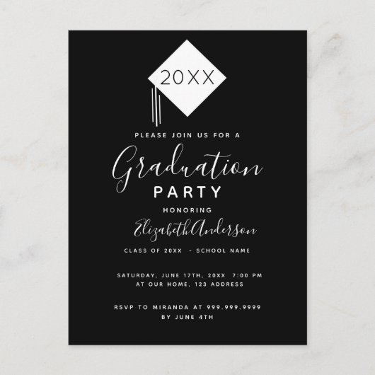Afstudeerfeest pet zwart wit uitnodiging (Voorkant)