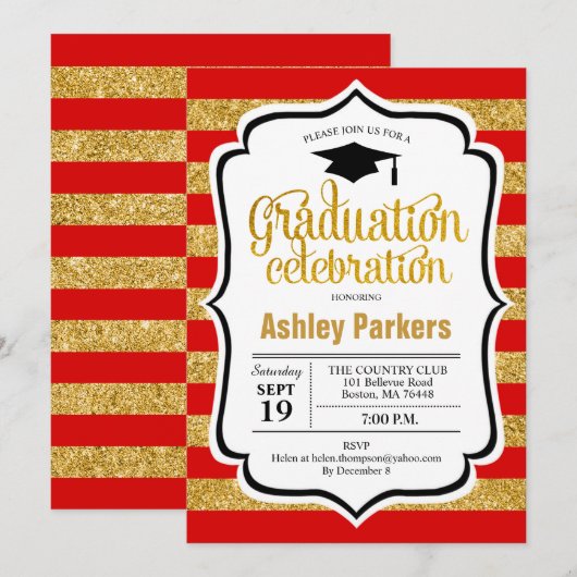 Afstudeerfeest - Red Gold Stripes Kaart (Voorkant / Achterkant)