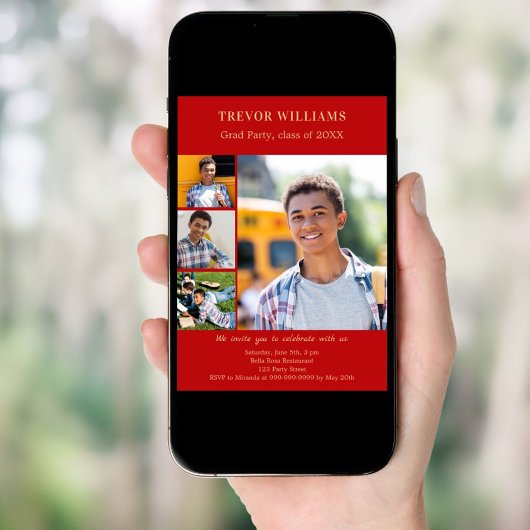 Afstudeerfeest rode fotocollage kaart
