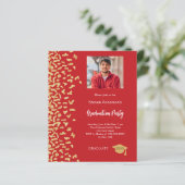 Afstudeerfeest rood goud foto uitnodiging (Staand voorkant)