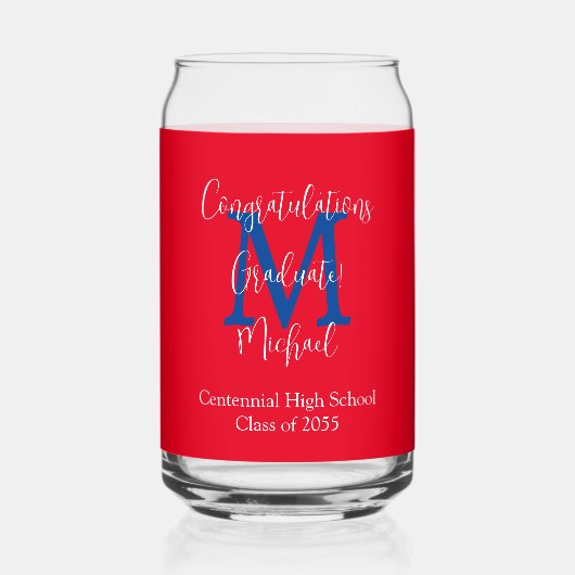 Afstudeerfeest Rood Wit Blauw Monogram Naam Blikvorm Glas (Voorkant)