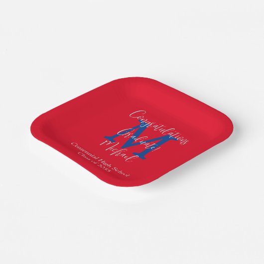 Afstudeerfeest Rood Wit Blauw Naam Monogram Papieren Bordje (Gebogen)
