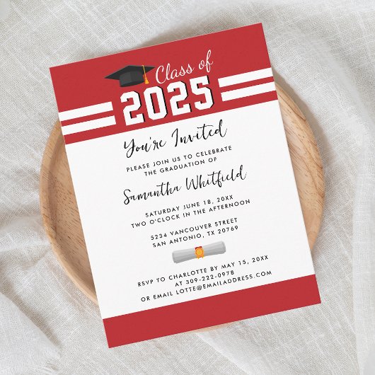 Afstudeerfeest Rood Wit Script Grad Party Uitnodiging Briefkaart