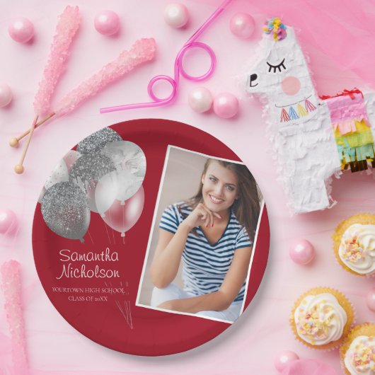 Afstudeerfeest Rood Zilver Glitter Ballonnen Foto Papieren Bordje (Feest)